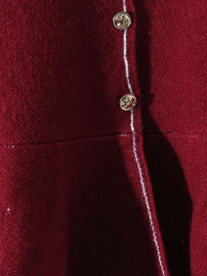 CM-CS455165 Women Elegant Seoul Style Stand Collar Button-Up Long Sleeve Ruffle Hem Cardigan - Burgundy