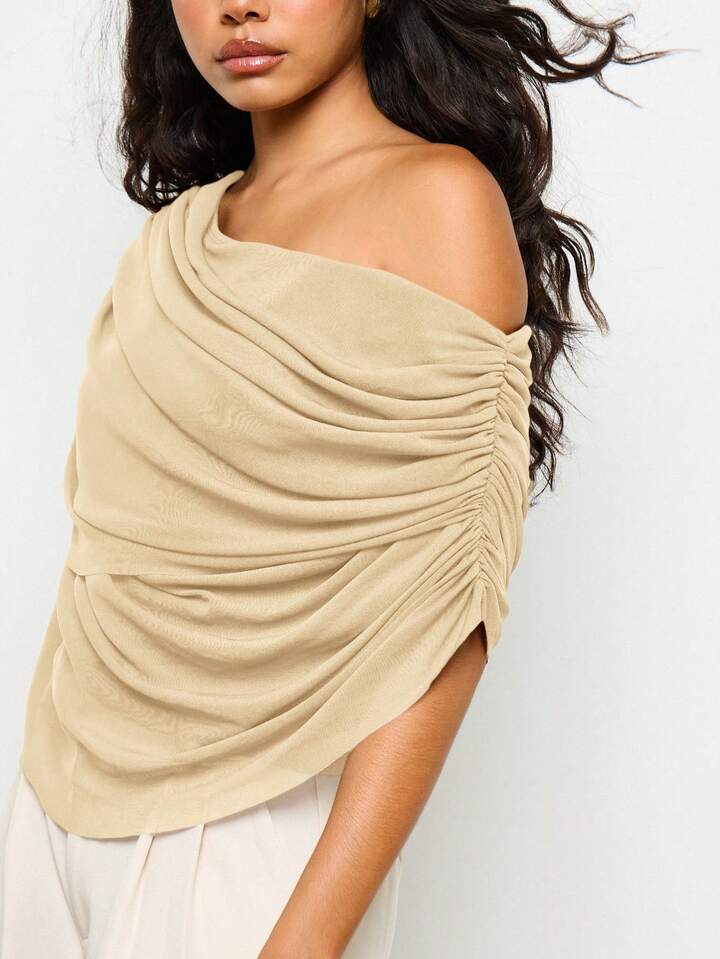 CM-TS355003 Women Elegant Seoul Style Off Shoulder Ruched Draped Long Sleeve Blouse - Cream