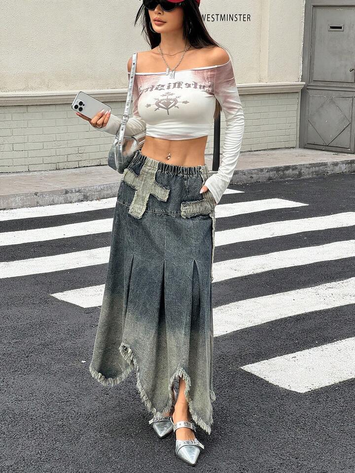 CM-BS806025 Women Casual Seoul Style Dark Wash Patchwork Cross Distressed Denim A-Line Skirt