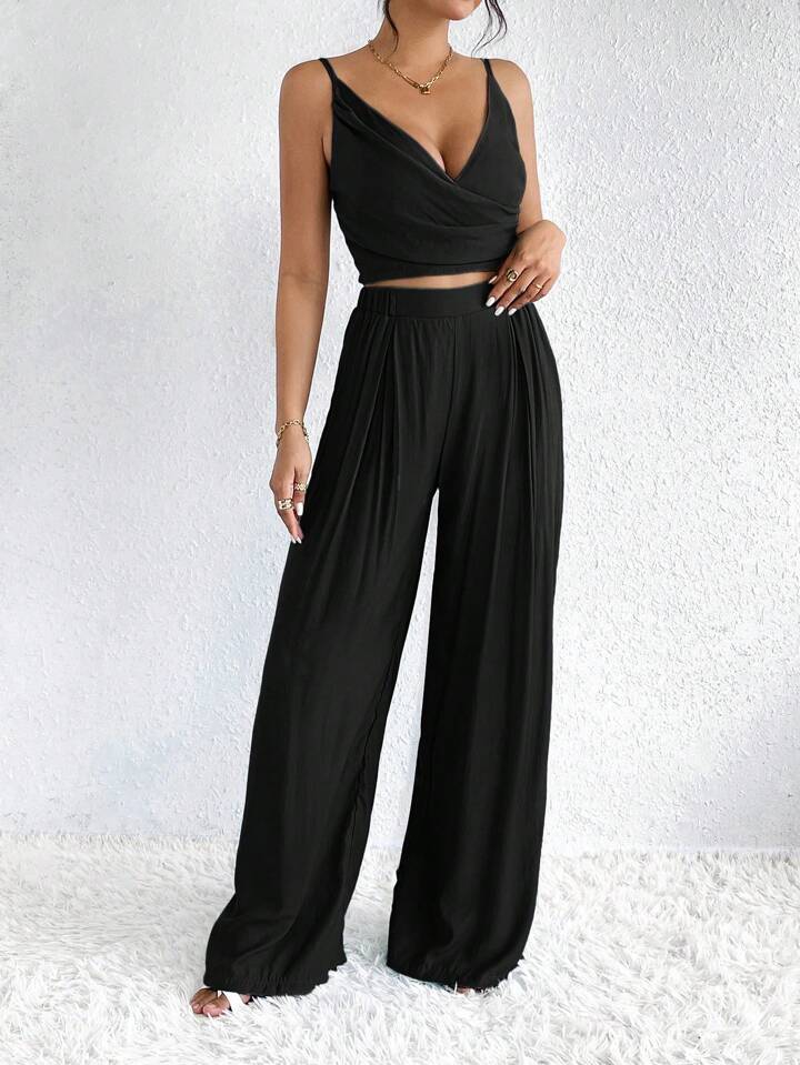CM-SS843880 Women Casual Seoul Style Wrap Ruched Cami Top With Fold Pleated Wide Leg Pants - Set