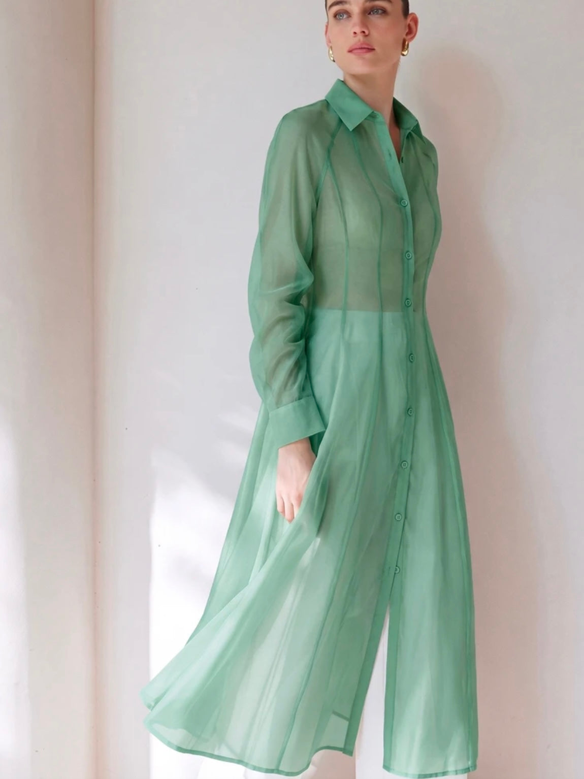 CM-TS001746 Women Casual Seoul Style Translucent Textured V-Neck Long Sleeve Gathered Waist Shirtdress - Mint Green