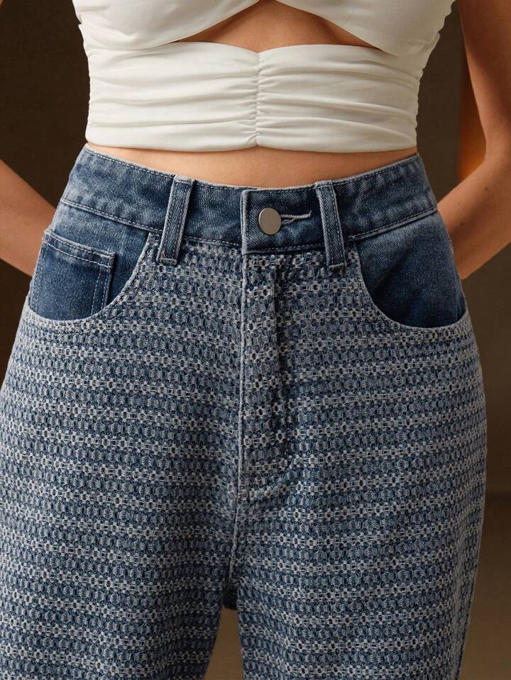 CM-BS083795 Women Casual Seoul Style Jacquard Textured Pattern Flared Leg Jeans - Blue