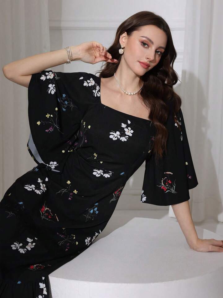 CM-DS851963 Women Elegant Seoul Style Square Neck Flounce Sleeve High Waist Long Dress