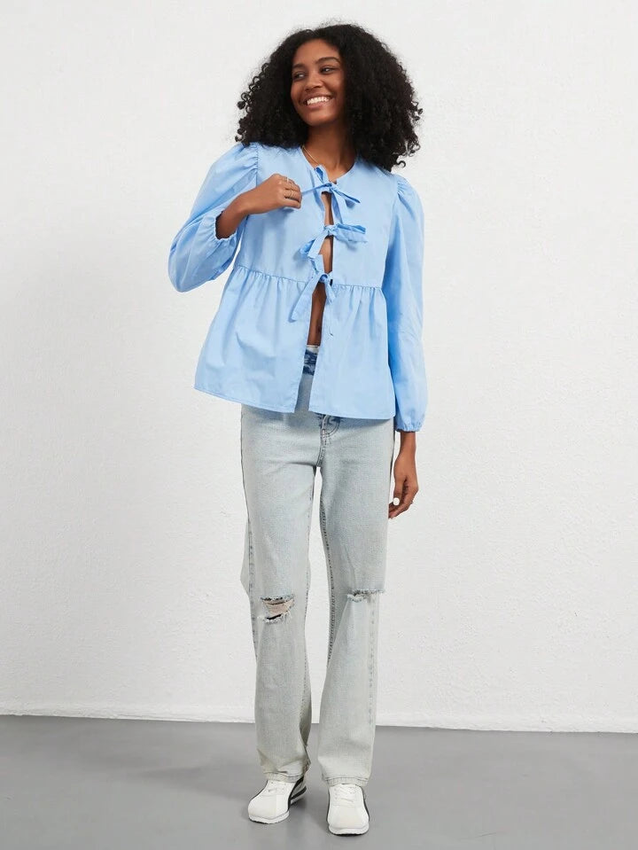 CM-TS373314 Women Casual Seoul Style Print Ruffle Hem Tie Long Sleeve Shirt - Blue