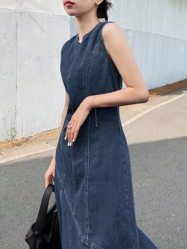 CM-DS567994 Women Casual Seoul Style Round Neck Frayed Hem Sleeveless Loose Denim Dress - Blue