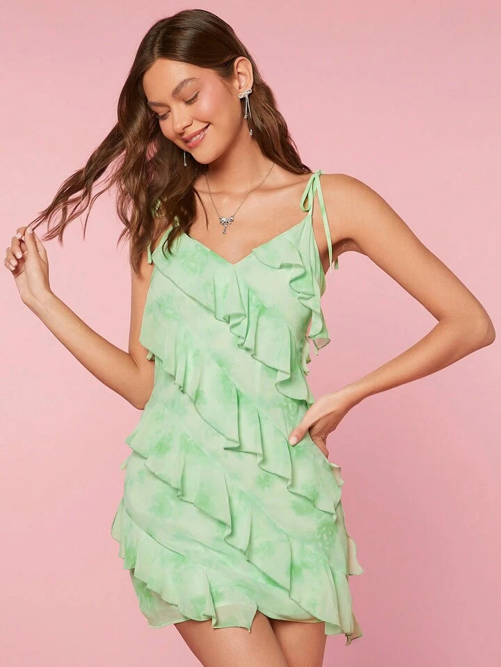 CM-DS884724 Women Trendy Bohemian Style Solid Color Ruffled Hem Spaghetti Strap Dress - Green