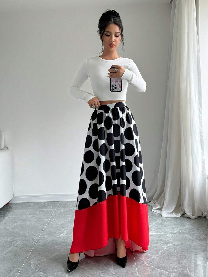 CM-BS444364 Women Casual Seoul Style Large Polka Dot Solid Color Patchwork A-Line Maxi Skirt