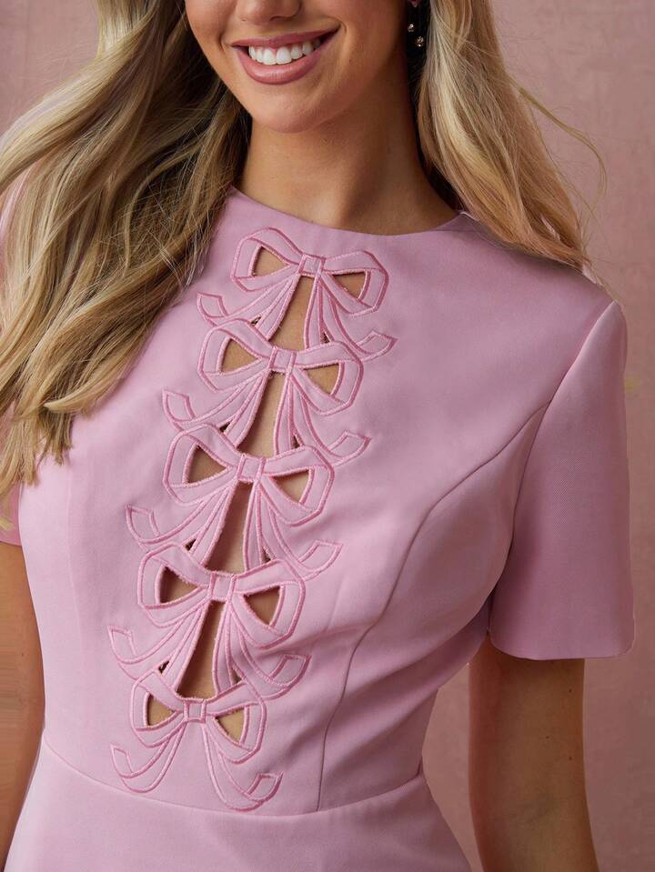 CM-DS119207 Women Elegant Seoul Style Bowknot Hollow-Out Embroidered Short Sleeves Round Neck Mini Dress - Pink