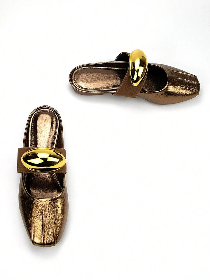 CM-SHS080718 Women Trendy Seoul Style Golden Oval Metal Buckle Decor Square Toe Elastic Strap Flat Mule Sandals