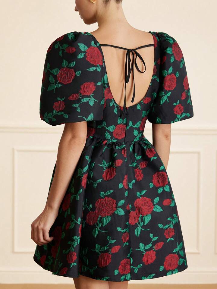 CM-DS647648 Women Elegant Seoul Style Contrast Color Floral Jacquard Square Collar Puff Sleeve Short Dress