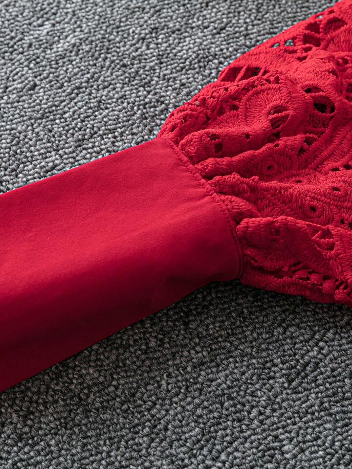 CM-TS420704 Women Elegant Seoul Style Lace Trim Bow Collar Embroidery Bishop Sleeve Blouse - Red