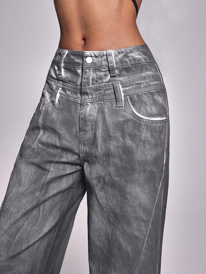 CM-BS517784 Women Casual Seoul Style High Waist Extra Long Loose Wide-Leg Jeans - Black
