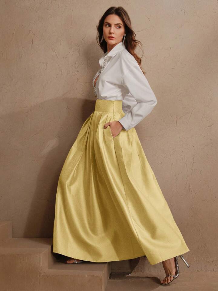 CM-BS095680 Women Elegant Seoul Style High Waisted Puff Pleated Long Skirt - Ginger