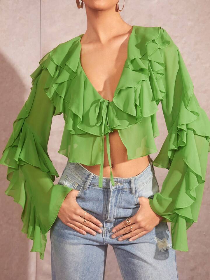 CM-TS689877 Women Casual Seoul Style V-Neck Tie Front Ruffle Hem Sheer Blouse - Green