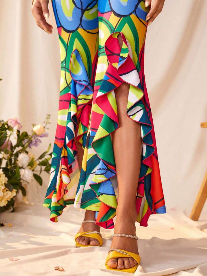 CM-JS162942 Women Trendy Bohemian Style Plunging Neck Crisscross Tie Backless Front Split Jumpsuit