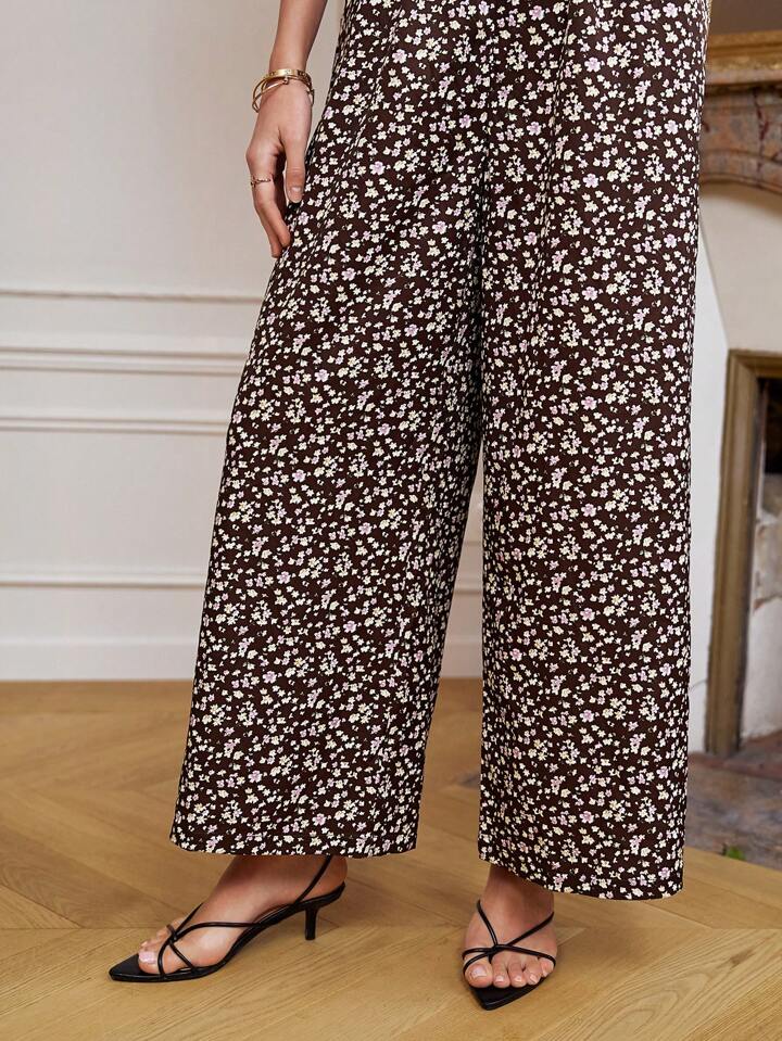 CM-JS147093 Women Casual Seoul Style Tie Neck Bubble Sleeve Floral Printed Jumpsuit