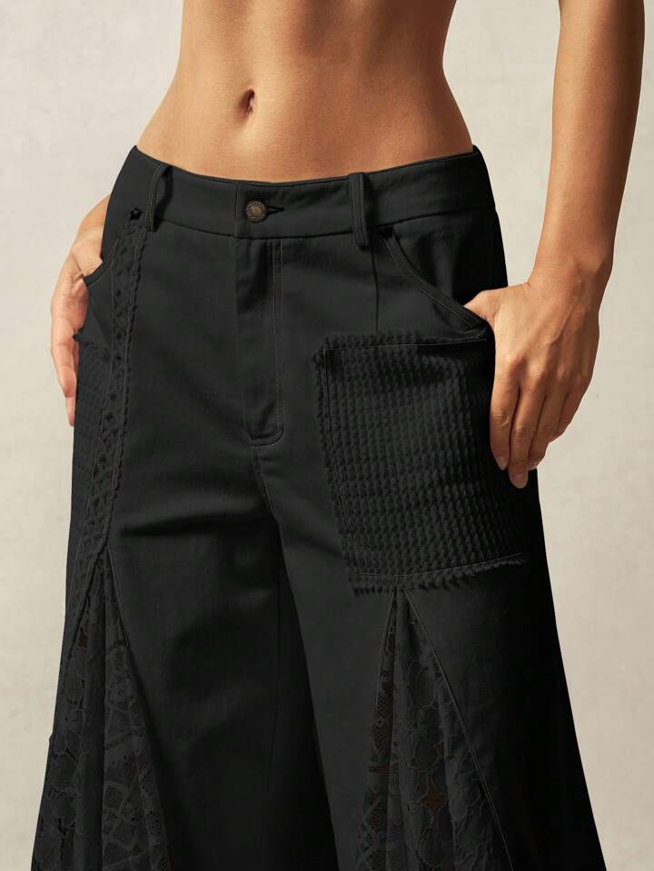 CM-BS155305 Women Trendy Bohemian Style Solid Color Mid-Waist Lace Wide Leg Palazzo Pants - Black