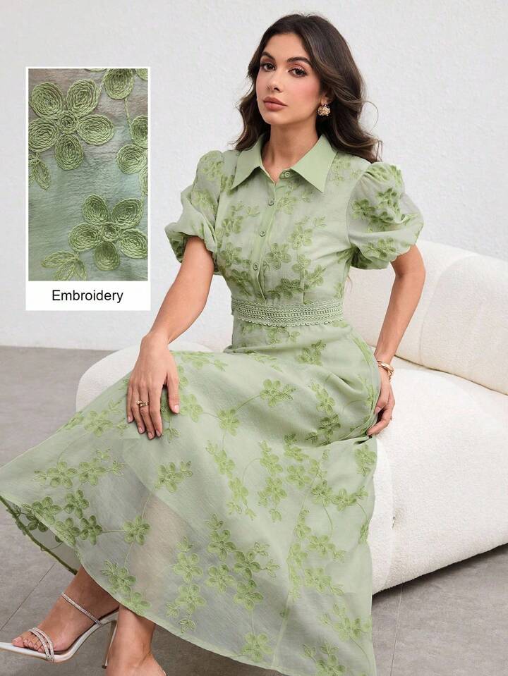 CM-DS301711 Women Elegant Seoul Style Turn-Down Collar Waist Banded Embroidered Long Dress - Green