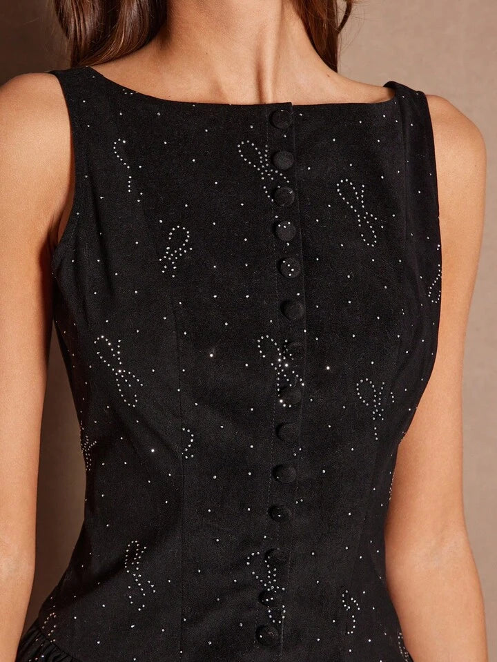 CM-DS138844 Women Elegant Seoul Style Rhinestone Embellished Single-Breasted Ruffle Hem Sleeveless Mini Dress