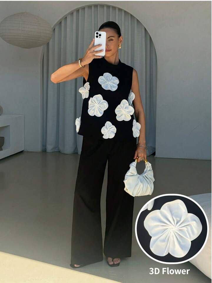 CM-SS712454 Women Elegant Seoul Style Contrast 3D Flora Round Neck Sleeveless Camisole l Top With Pants - Set