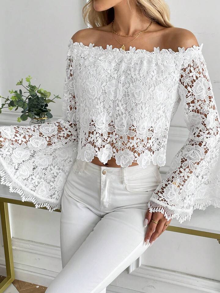 CM-TS501788 Women Elegant Seoul Style Solid Color Lace Off-Shoulder Flare Sleeve Cropped Blouse