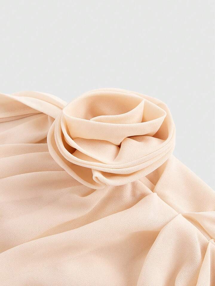 CM-TS340400 Women Elegant Seoul Style 3D Floral Open Shoulder Pleated Chiffon Shirt - Apricot