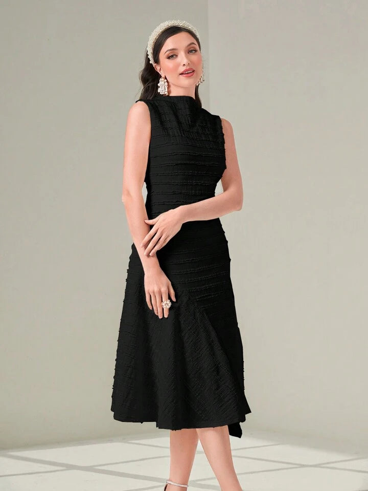 CM-DS201110 Women Casual Seoul Style Solid Color Stand Collar Sleeveless Midi Dress - Black
