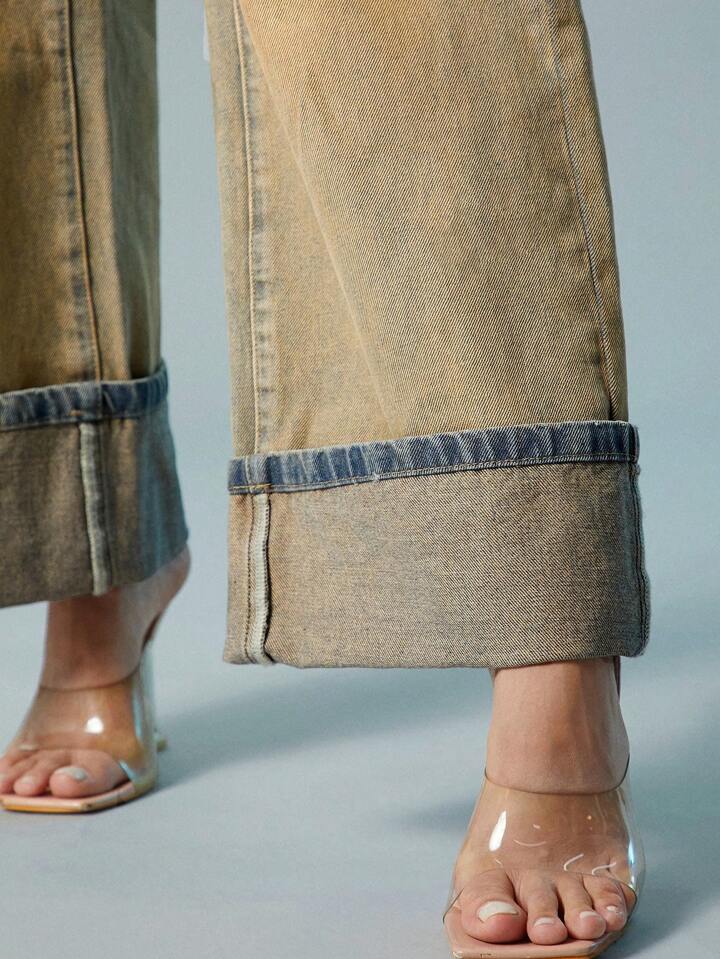 CM-BS521317 Women Casual Seoul Style Elastic Wasit Washed Distressed Wide Leg Jeans