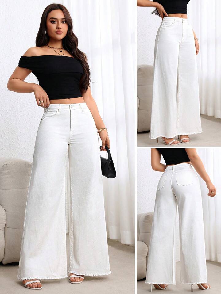 CM-BS881191 Women Casual Seoul Style Loose Pocketed Extra Long Wide Leg Denim Jeans - White