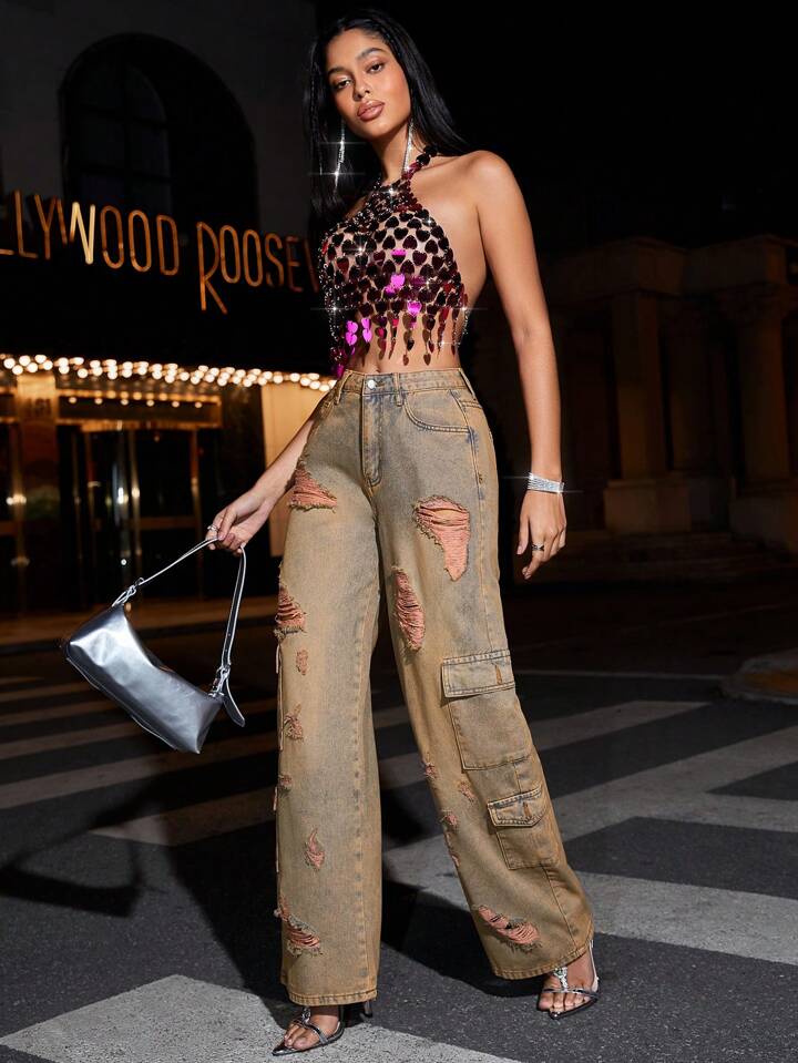 CM-BS164419 Women Casual Seoul Style Zipper-Fly Distressed Wide-Leg Jeans