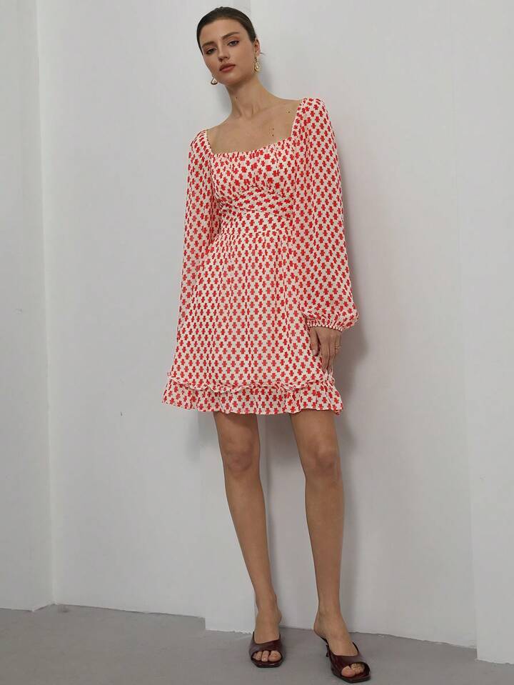 CM-DS515289 Women Elegant Seoul Style Square Neck Geometric Print Long Sleeve Peplum Hem Midi Dress