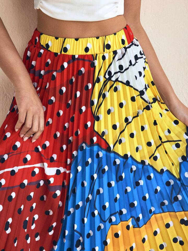 CM-BS924857 Women Elegant Seoul Style High Waist All-Over Print Geometric Pleated A-Line Skirt