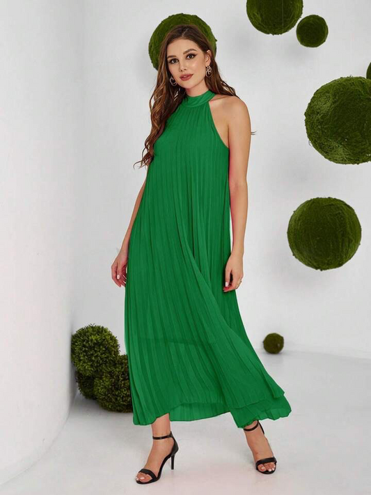CM-DS666099 Women Casual Seoul Style Solid Color Halter Neck Sleeveless Pleated Dress - Green