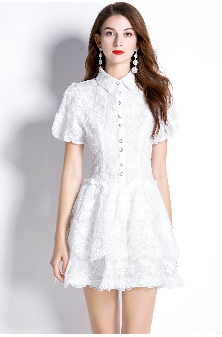 CM-DY030288 Women Elegant European Style Embroidery Collar Neckline Puff Sleeve Mini Dress