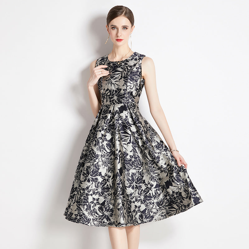 CM-DY035308 Women Elegant European Style Sleeveless Vest Pinched Waist Jacquard Dress