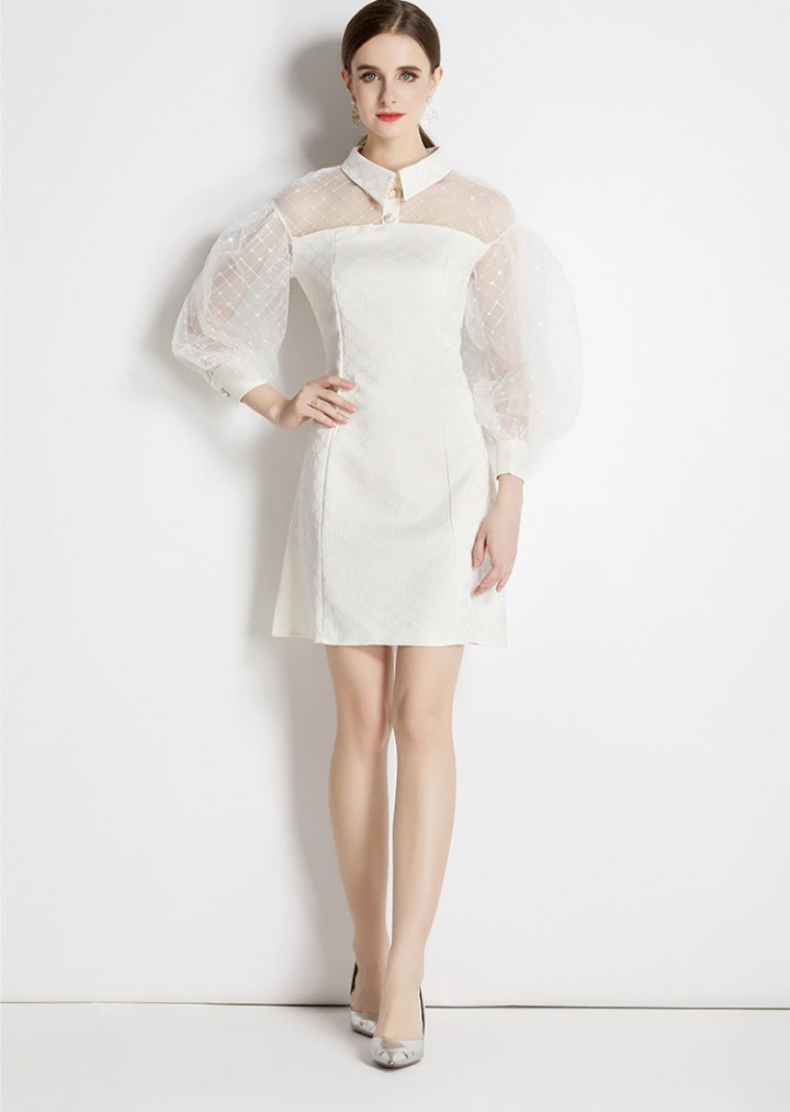 CM-DY040396 Women Elegant European Style Doll Collar Splice Puff Sleeve Mini Dress
