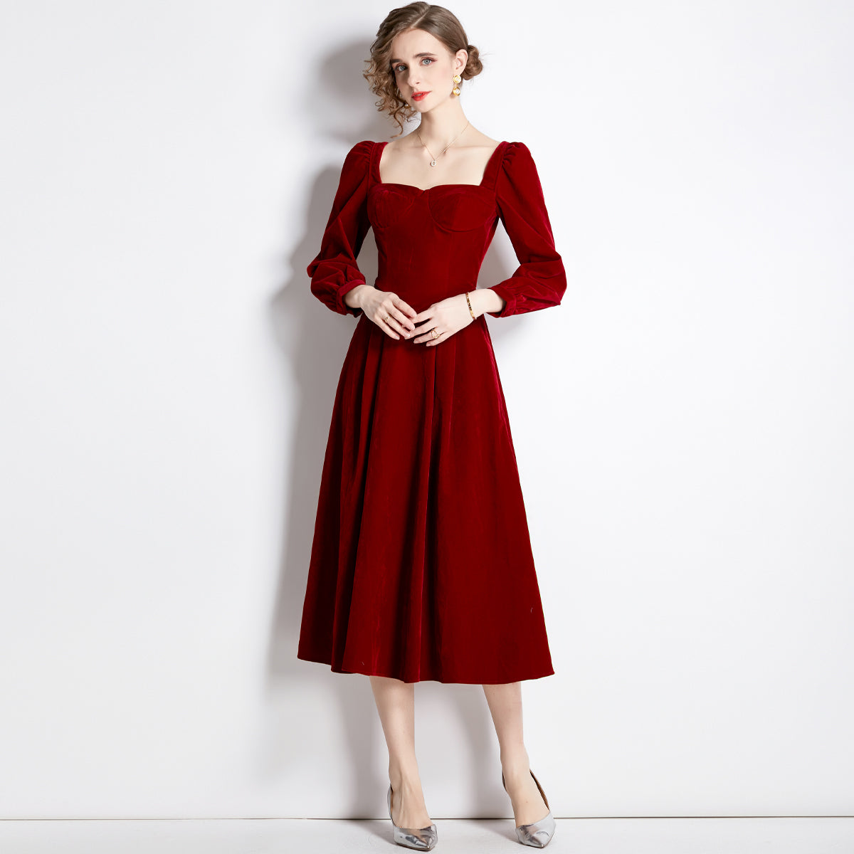 CM-DY042114 Women Elegant European Style Velvet Square Collar Long Sleeve Midi Dress - Wine Red