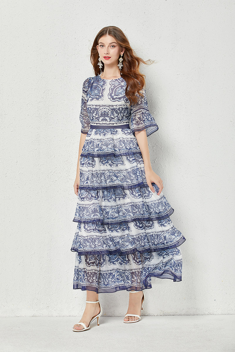 CM-DY047005 Women Elegant European Style Round Neck Trumpet Sleeve Cake Long Dress