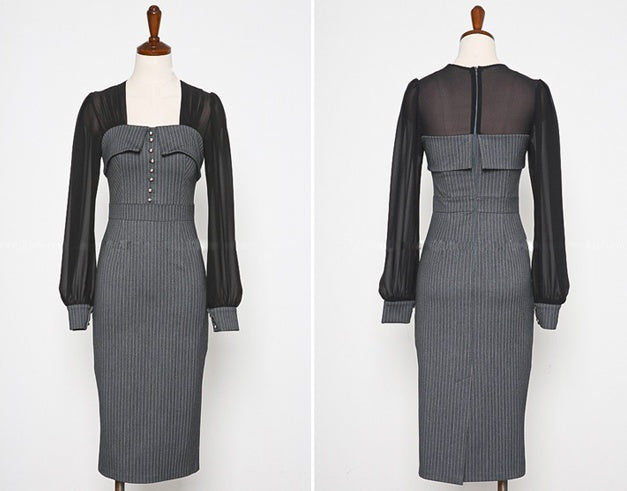 CM-DY053404 Women Elegant Seoul Style Square Collar Long Sleeve Slim Midi Dress