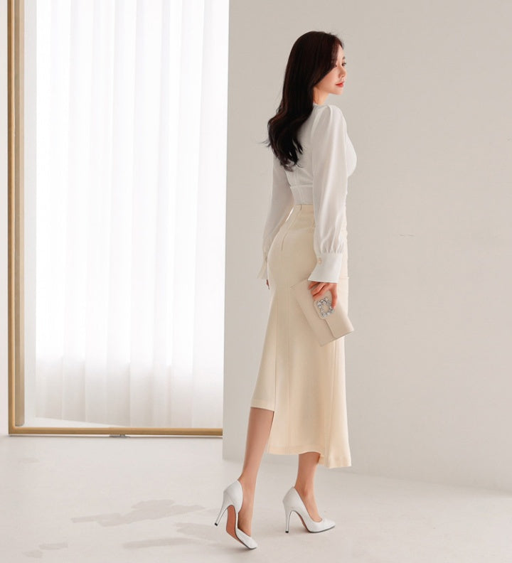 CM-SY057173 Women Elegant Seoul Style V-Neck Puff Sleeve Blouse With Midi Skirt - Set