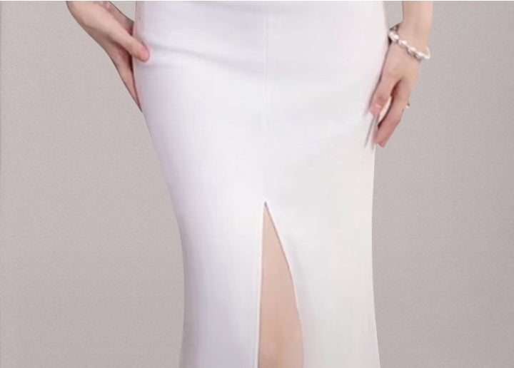 CM-DY058114 Women Elegant European Style V-Neck Long Folds Split Dress - White