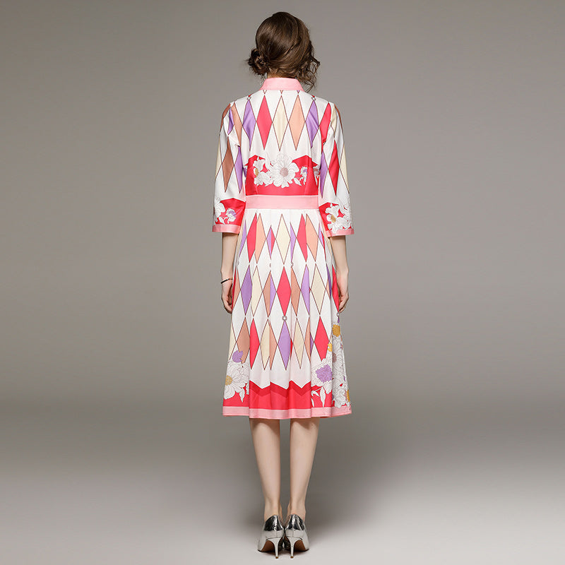 CM-DY058492 Women Elegant European Style Printing Pinched Waist Slim Dress