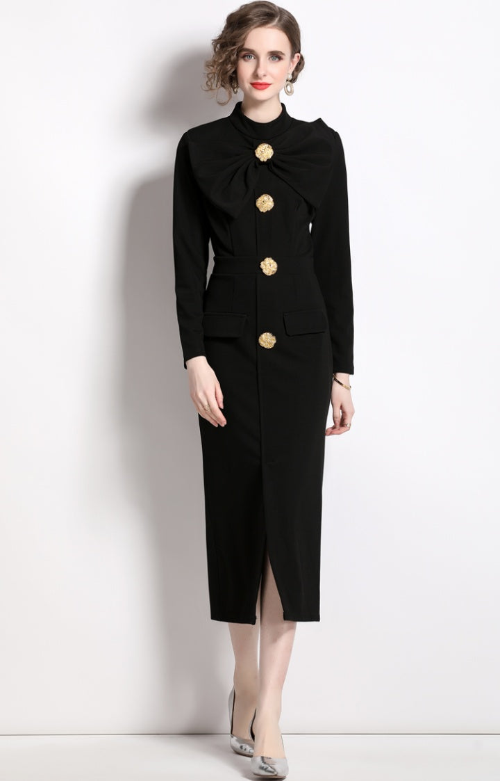 CM-DY060152 Women Elegant European Style Split Bow Round Neck Pinched Waist Long Sleeve Midi Dress - Black