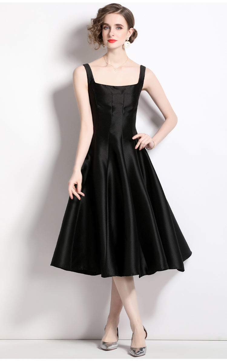 CM-DY060329 Women Elegant European Style Pinched Waist Sling Slim Dress - Black