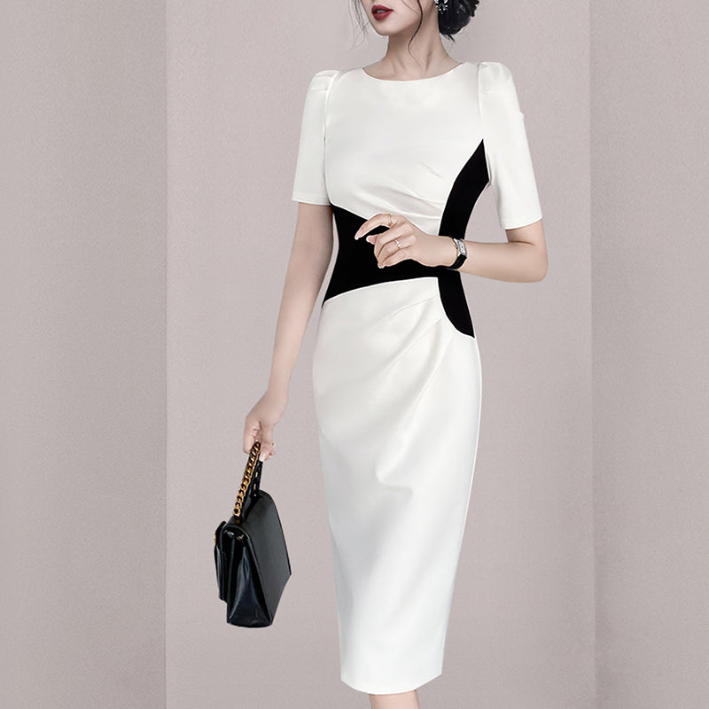CM-DY060851 Women Casual European Style Round Neck Short Sleeve Slim Midi Dress - White