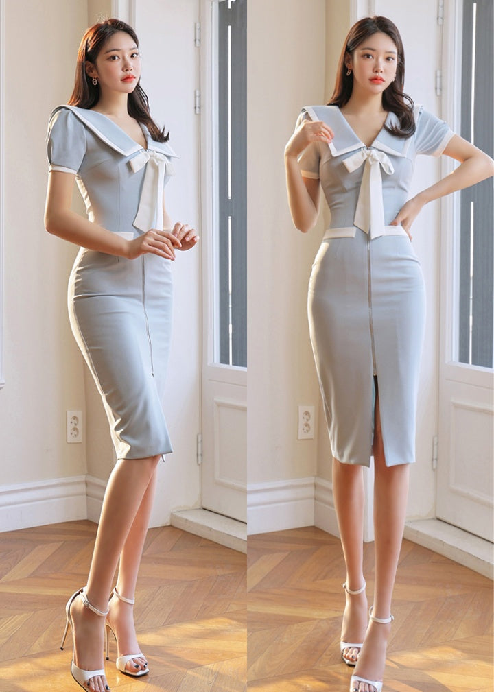 CM-DY060854 Women Casual Seoul Style Bow V-Neck Short Sleeve Slim Dress - Light Blue