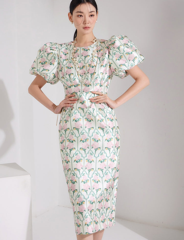 CM-DY062562 Women Elegant Seoul Style Round Neck Puff Sleeve Floral Print Slim Dress