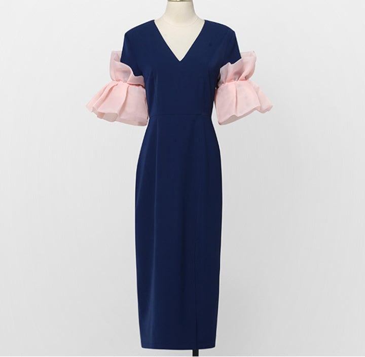 CM-DY063118 Women Elegant European Style V-Neck Petal Half Sleeve Midi Dress