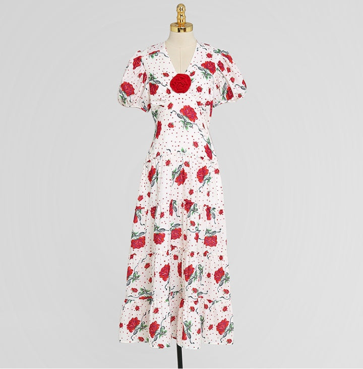 CM-DY065742 Women Elegant European Style Puff Sleeve Floral Printing High Waist Dress
