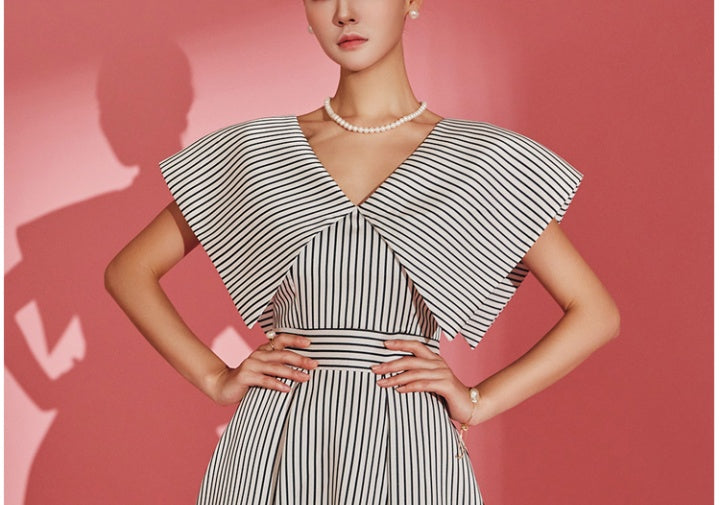 CM-DY067721 Women Elegant Seoul Style Stripe V-Neck Cap Sleeve High Waist Midi Dress